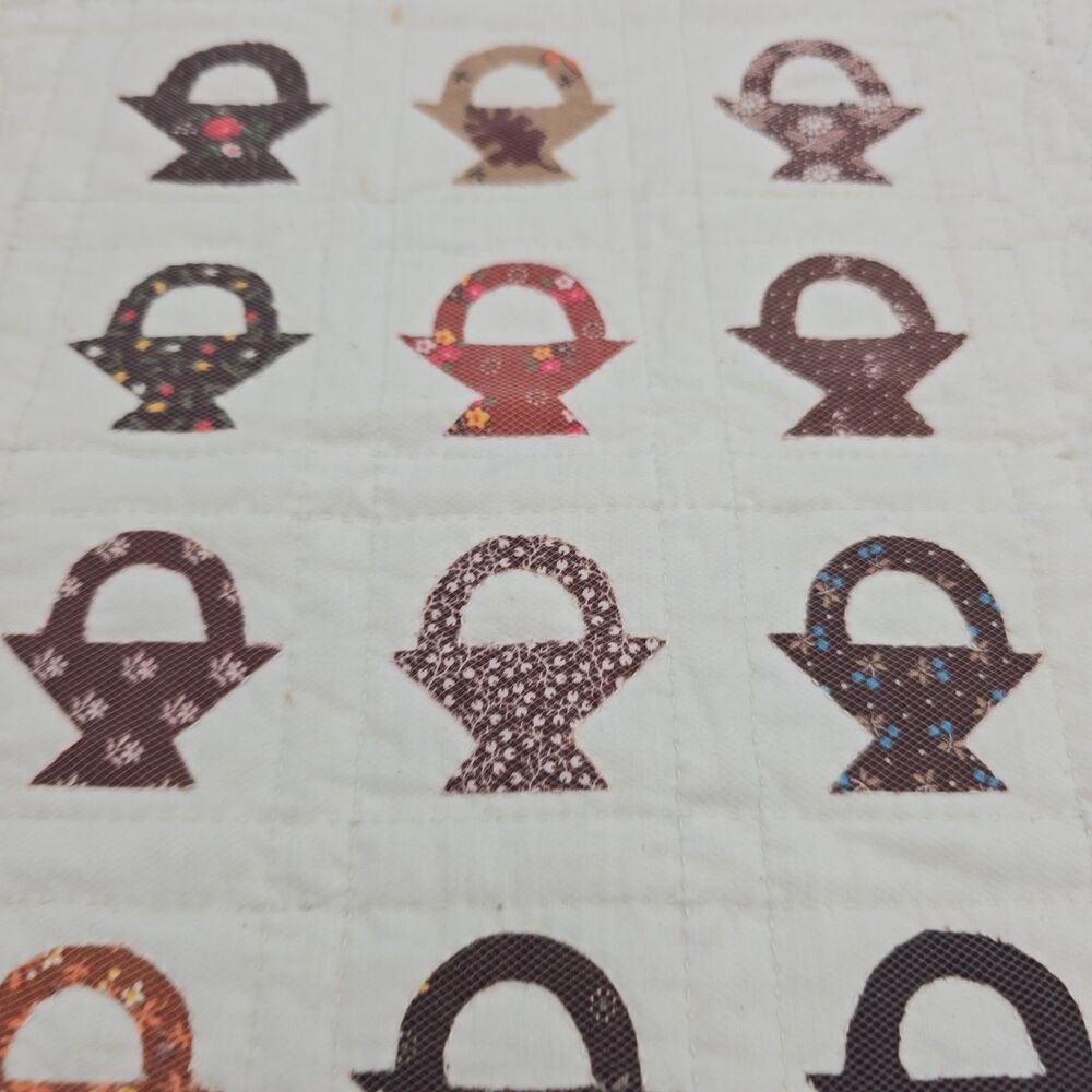 Vtg Handmade Quilt Wall Hanging Basket Appliqué Primitive Country Décor 14"12 - Picture 4 of 8